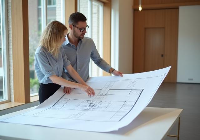 Two professionals discussing hotel floor plans in a bright studio environment